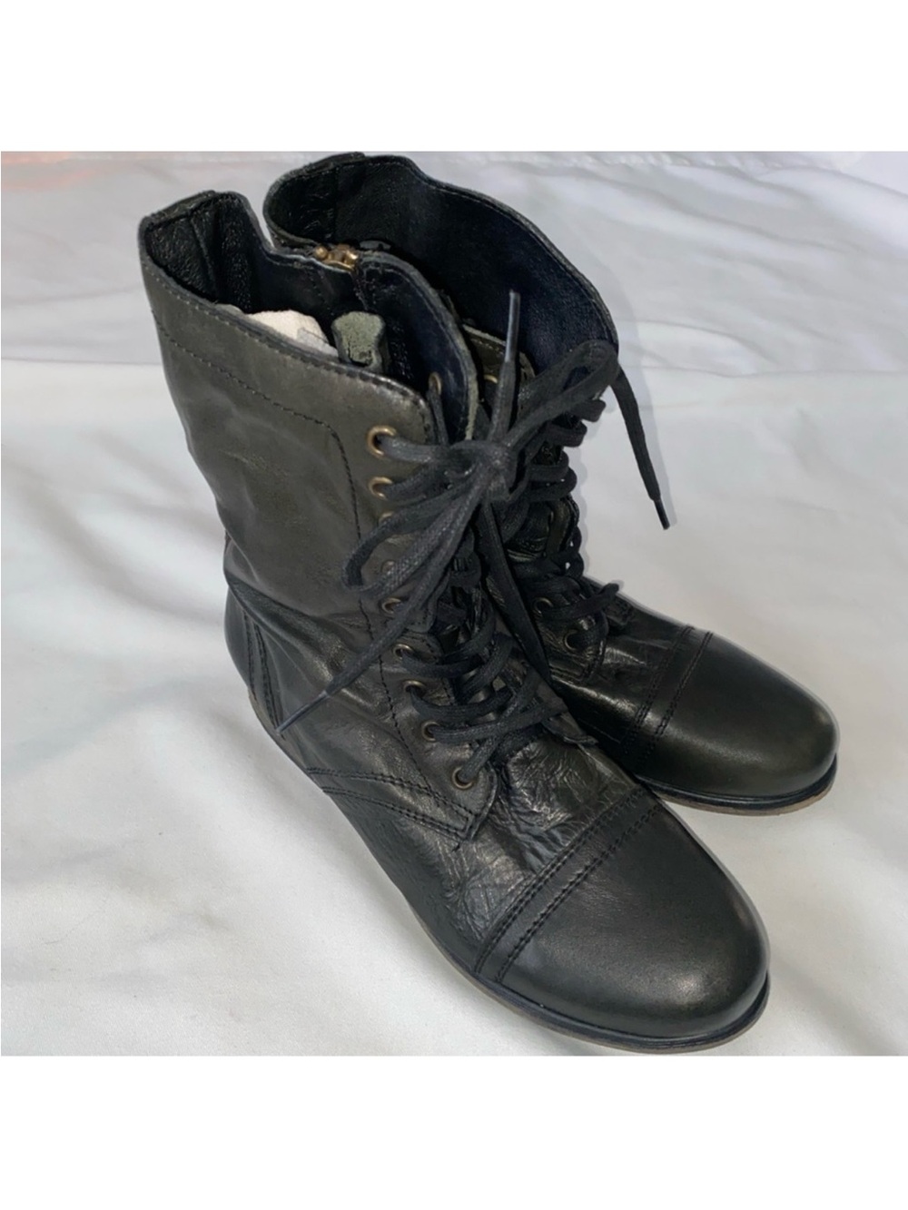 Steve Madden Troopa Black Leather Lace Up Boots Zipper Boots 9